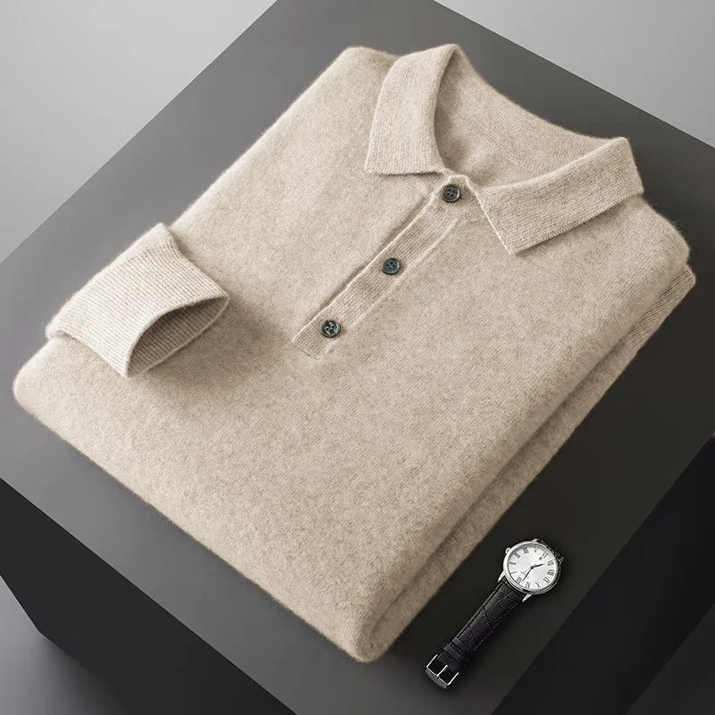 Mens Button Pullover Sweater Lapel Slim Fit Pullover Knit HeavyWeight Polo Sweaters Winter Outdoor Warm Solid Color Streetwear