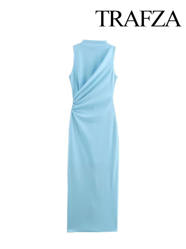 TRAFZA 2025 Spring Women Fashion Midi Dresses Split Hem O-Neck Sleeveless Fold Decorated Dress Solid Back Zipper Retro Dresses 2