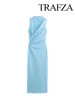 TRAFZA 2025 Spring Women Fashion Midi Dresses Split Hem O-Neck Sleeveless Fold Decorated Dress Solid Back Zipper Retro Dresses 2