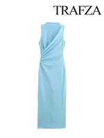 TRAFZA 2025 Spring Women Fashion Midi Dresses Split Hem O-Neck Sleeveless Fold Decorated Dress Solid Back Zipper Retro Dresses 2