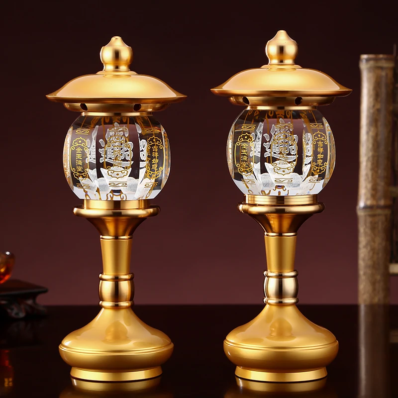 

A PAIR high grade Buddhism HOME Temple shrine enshrine worship good luck God of wealth CAI SHEN crystal buddha lamp 28CM large