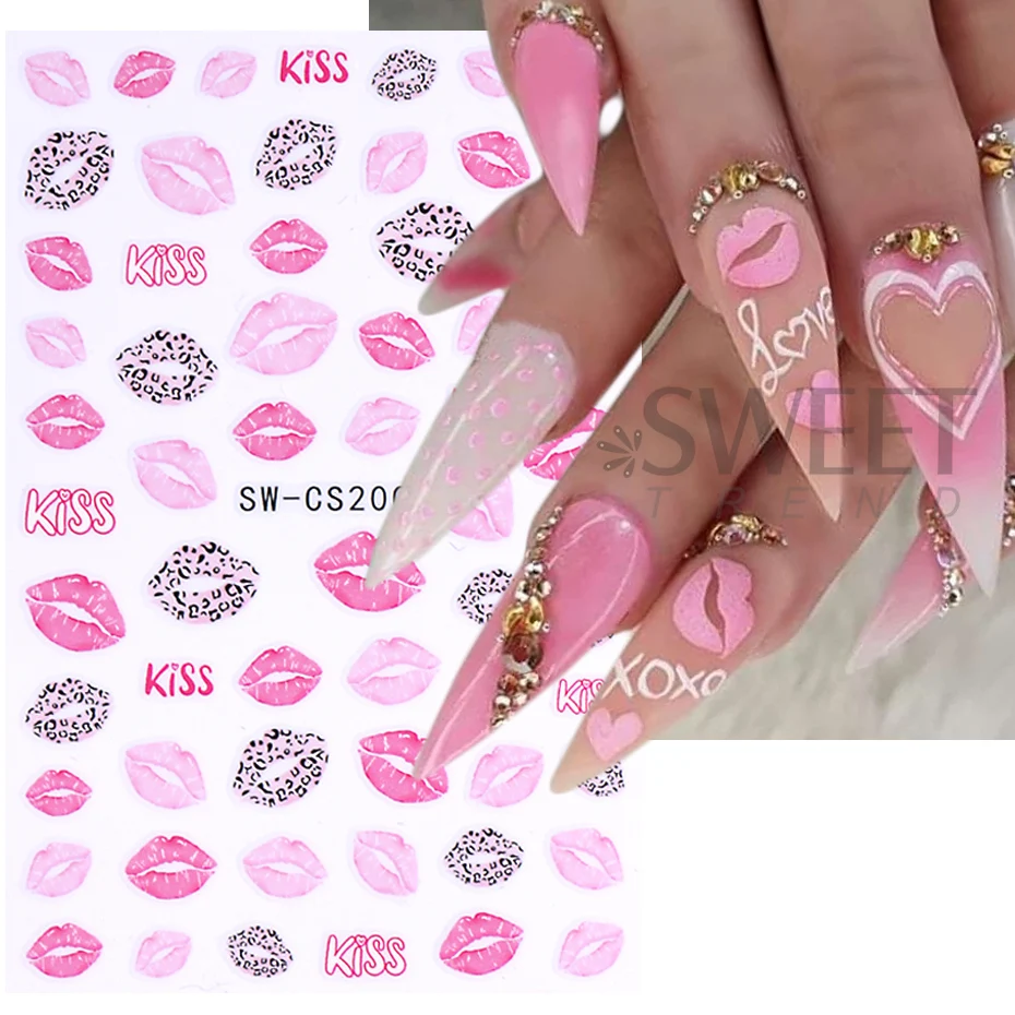 3D Sexy Lips Nail Stickers Leopard Print Love Heart Letter Pink Rose Red Lips Valentines Manicure DIY Romantic Nail Decoration 4