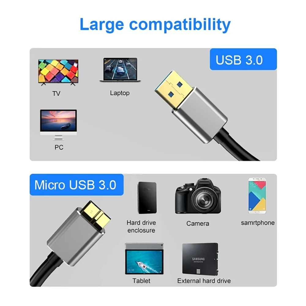 Hannord USB 3.0 유형 A-마이크로 B 하드 드라이브 외부 케이블 삼성 하드 디스크 마이크로 B USB3.0 케이블용 고속 데이터 동기화 코드