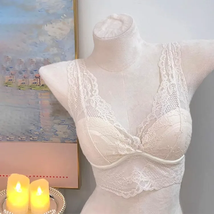 French Sle Lace Brtte Tank Top Set Wirel Gathered Strap Vest Sle Youthful Women's Underwear White Inner Wear to Wear