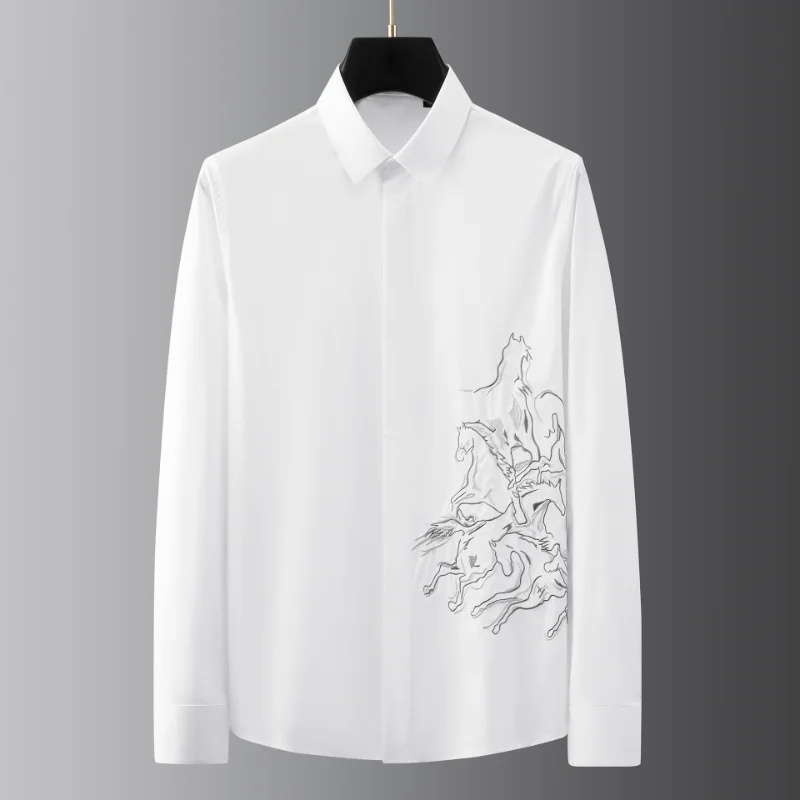 

European and American symmetrical embroidery shirt, slim fitting youth long sleeved men's shirt, handsome men's clothing