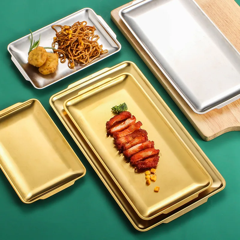 

Korean Style 304 Stainless Steel Square Barbecue Plate Golden Rectangular Tray Western Food Snack Flat Plate Craft Ornaments