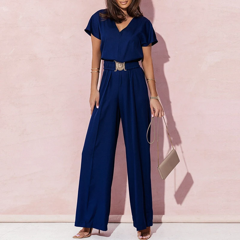 

Office Elegant V-neck With Belt Jumpsuits Women Casual Short Sleeve Solid Straight Romper Fashion High Waist Wide Leg Playsuits