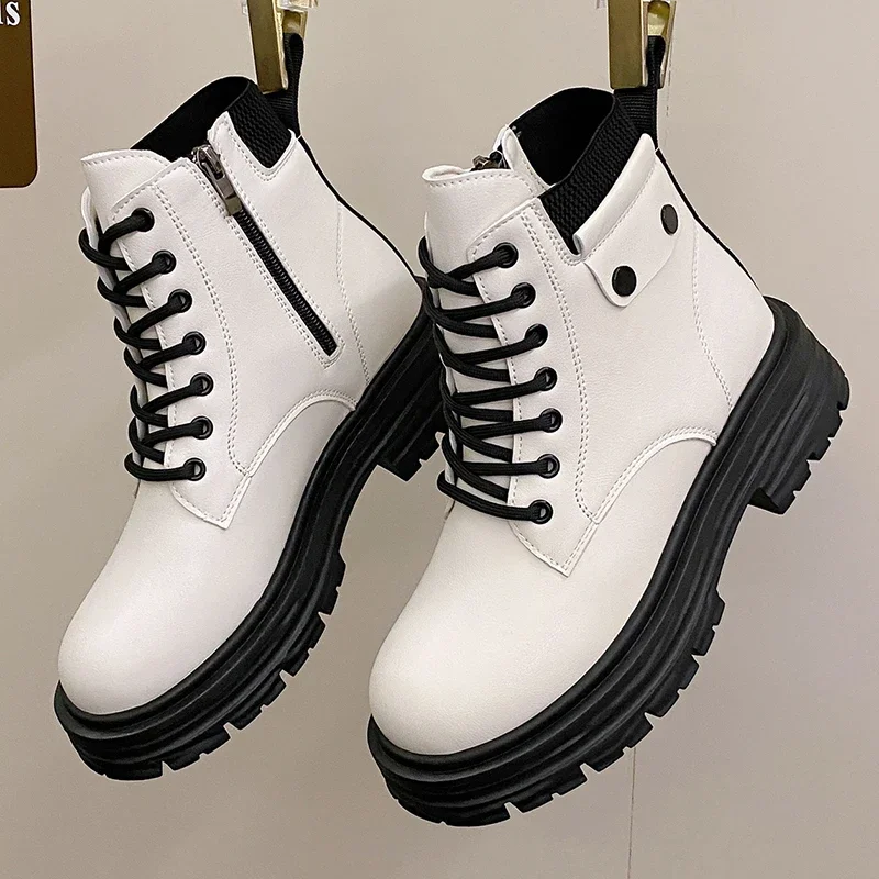 

White Soft Leather Ankle Boots Women Platform Motorcycle Booties Female Autumn Winter Shoes Woman Goth Short Botas De Mujer