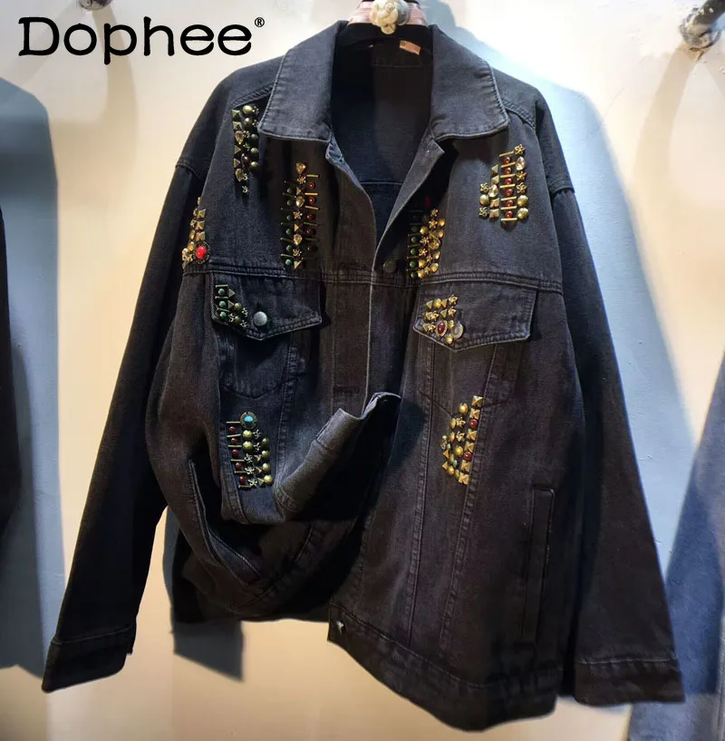 

Новинка осени 2023, свободное приталенное джинсовое пальто в тяжелой отрасли с блестками и длинным рукавом, женская черная джинсовая куртка, верхняя одежда