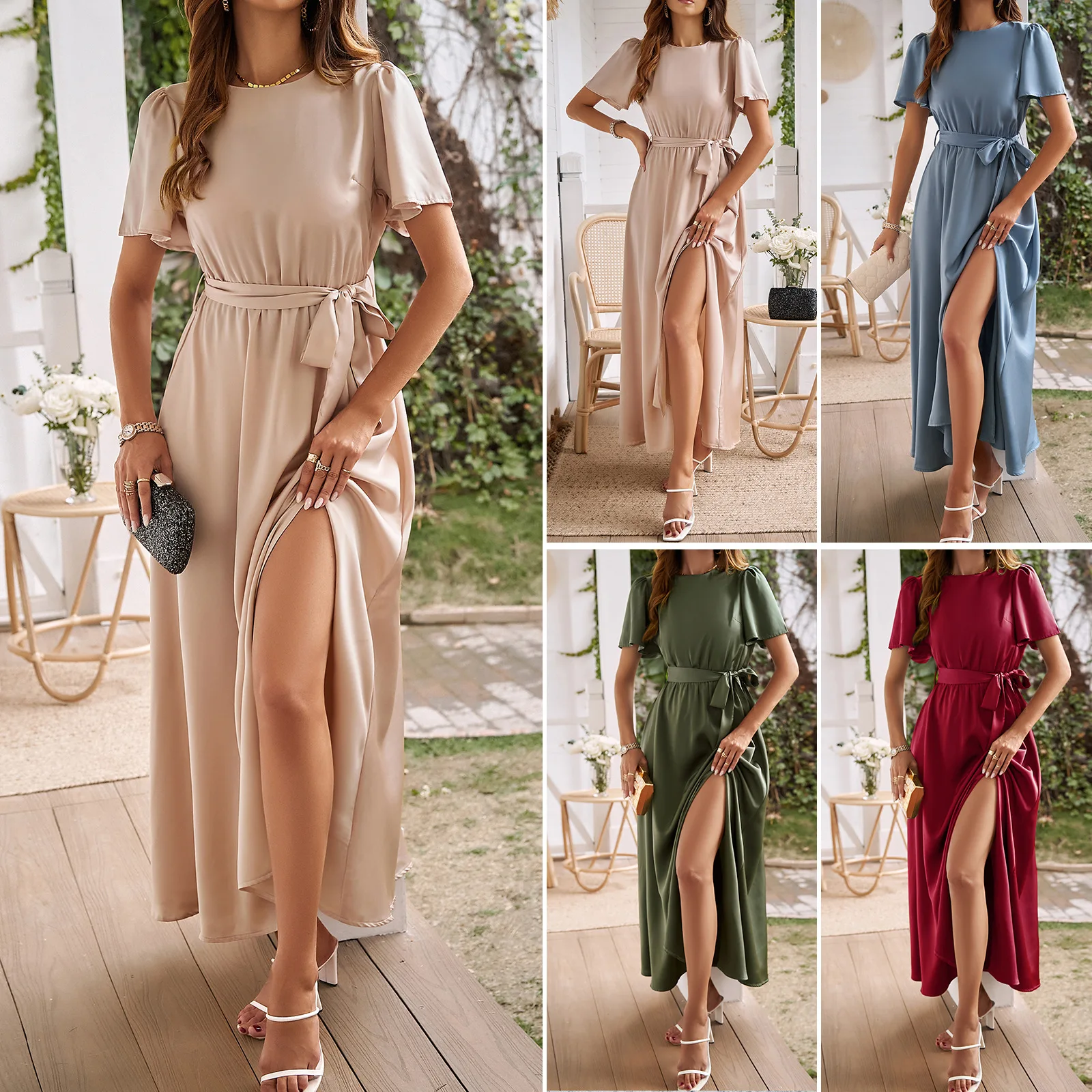 

2024 Summer Solid High Split Casual Midi Long Party Dress with Belt Elegant Holiday Beach Birthday Dress for Women