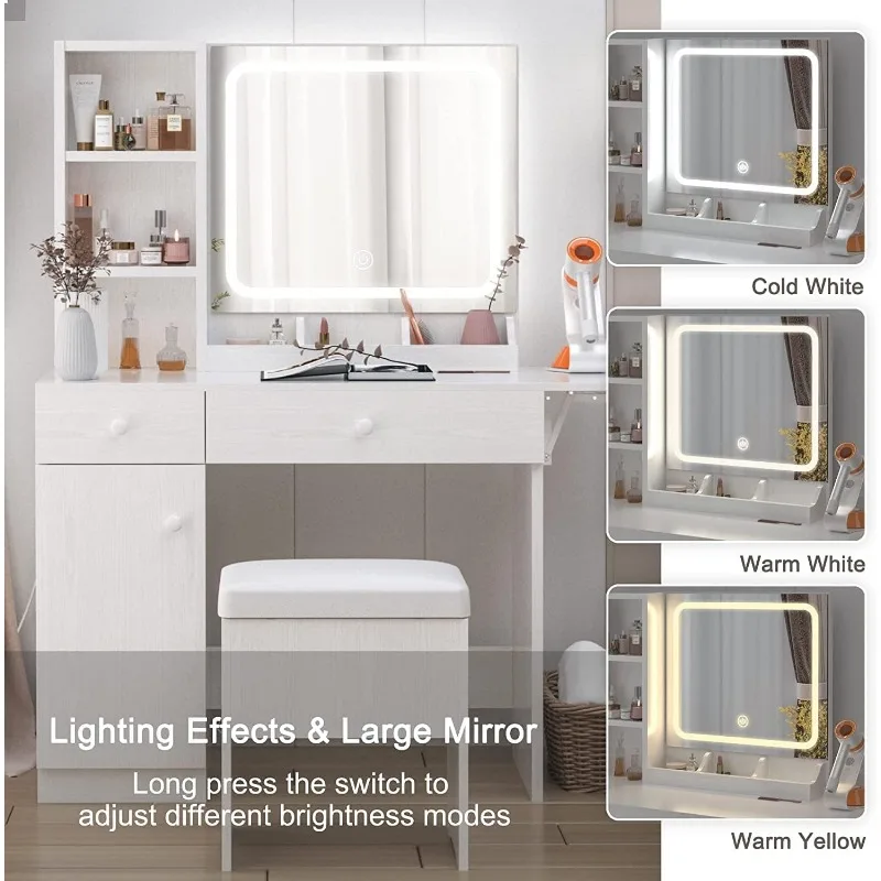 IRONCK Vanity Desk with LED Lighted Mirror & Power Outlet, Makeup Table with Drawers & Cabinet,Storage Stool,for Bedroom, White 3 IRONCK Vanity Desk with LED Lighted Mirror & Power Outlet, Makeup Table with Drawers & Cabinet,Storage Stool,for Bedroom, White 3