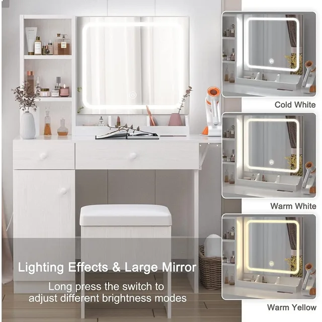 IRONCK Vanity Desk with LED Lighted Mirror & Power Outlet, Makeup Table with Drawers & Cabinet,Storage Stool,for Bedroom, White 3