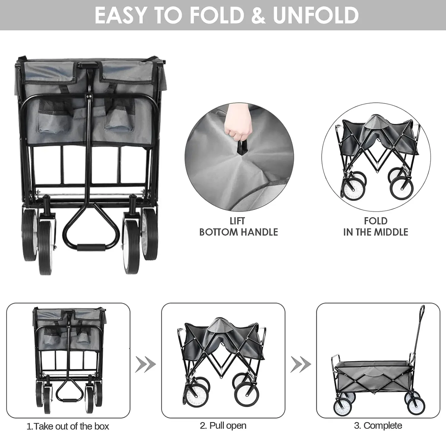 Collapsible Folding Wagon Garden Cart Beach Grocery Wagon for Shopping Park Picnic, Beach Trip, Outdoor Activities, Camping