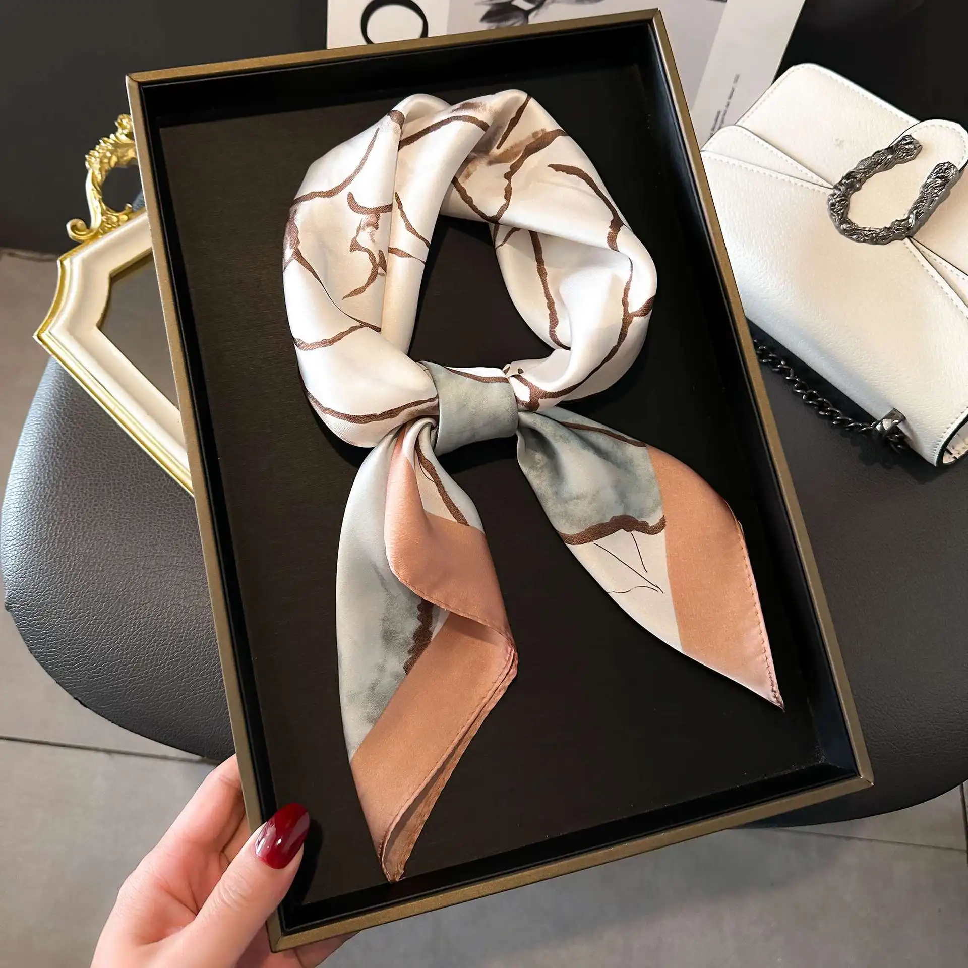 Luxury Satin Imitation Print Silk Scarf Square Women Neck Scarves Wrap Headkerchief Beach Hair Band Women's Bandana 5