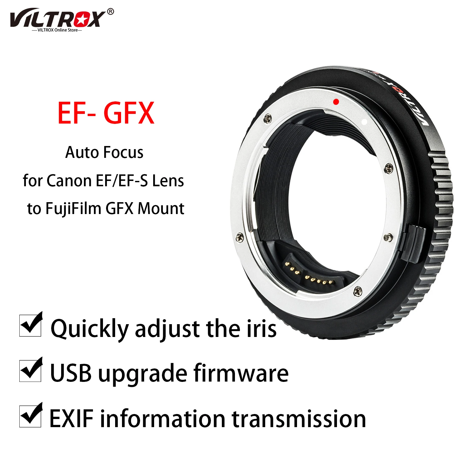 

Viltrox EF-GFX Lens Adapter Ring Auto Focus for Canon EF-mount Lens to FujiFilm Fuji GFX Mount MED Format GFX50S GFX50R Cameras