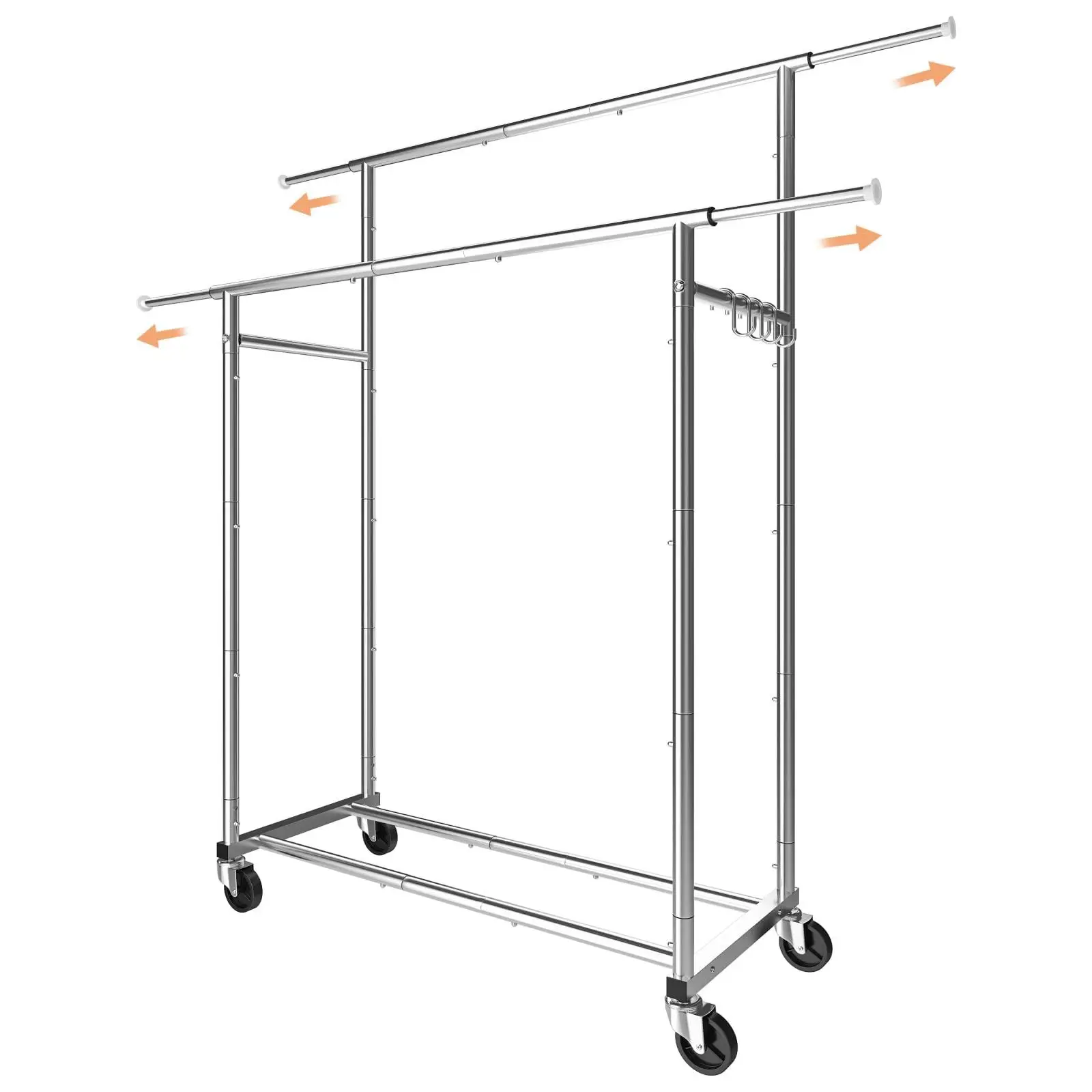 

Double Rod Clothing Garment Rack, Rolling Clothes Organizer on Wheels for Hanging Clothes,with 4 hooks, Chrome