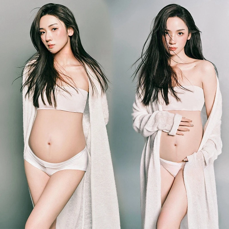 Women Photography Props Maternity Dresses Pregnancy White Tank Top Shorts Cardigan 3pcs Set Studio Photoshoot Clothes Korean