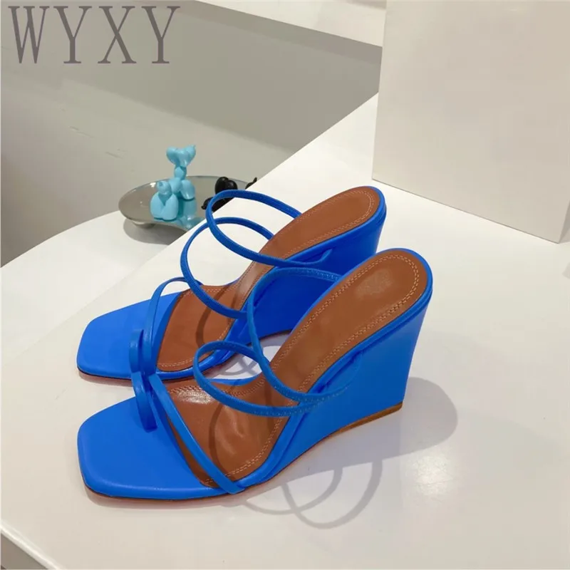 

Summer New Square Toe Wedges Slippers Woman Sexy High Heels One Line Strap Genuine Leather Fashion Concise Shoes For Women 2023