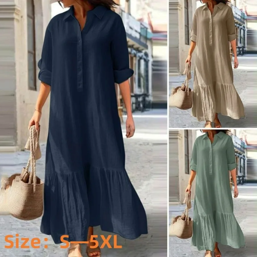 

2024 Women's Autumn Cotton Hemp Loose Large Size FIshion Long Dress Elegant and Elegant Style Lapel Half Open Retro Long Dresses