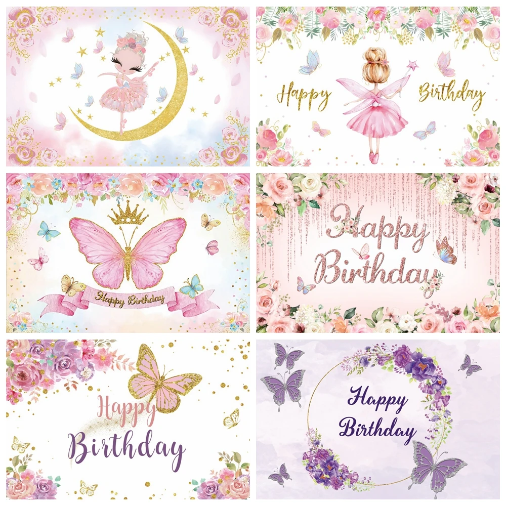 Photo Backdrop Flower Butterfly Backdrop Girls 1st Birthday Party Castle Baby Shower Rainbow Ballet Dancer Photography Background Decor