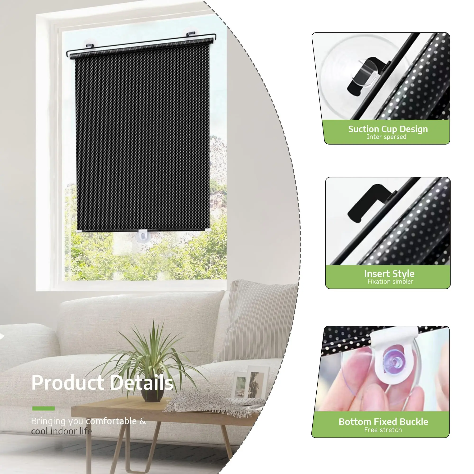 Blackout Roller Blinds Home Windows Sunshade Nail-Free Curtain for Car Bedroom Kitchen Office