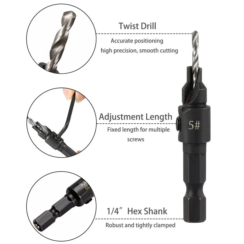 5pc Woodworking Tapper Hexagon Shank Screw Countersunk Drill Bit Taper Drill Hole Drilling and Reaming Hardware Tool Set BEST SELLERS