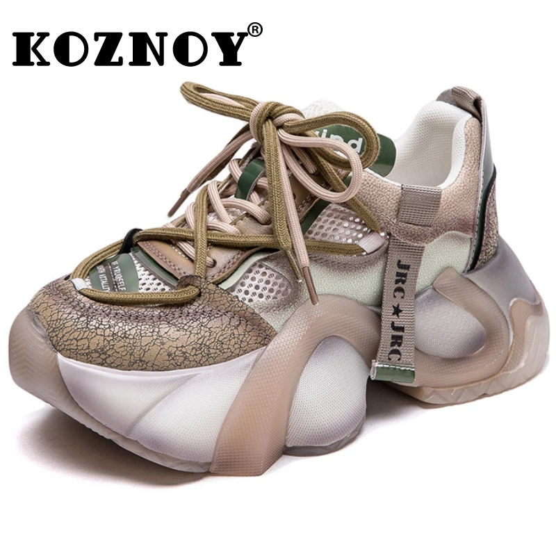 

Koznoy 5cm Air Mesh Leather Pigskin Women Chunky Sneaker Comfy Spring Ankle Boots Flats Booties Mixed Color Fashion Summer Shoes