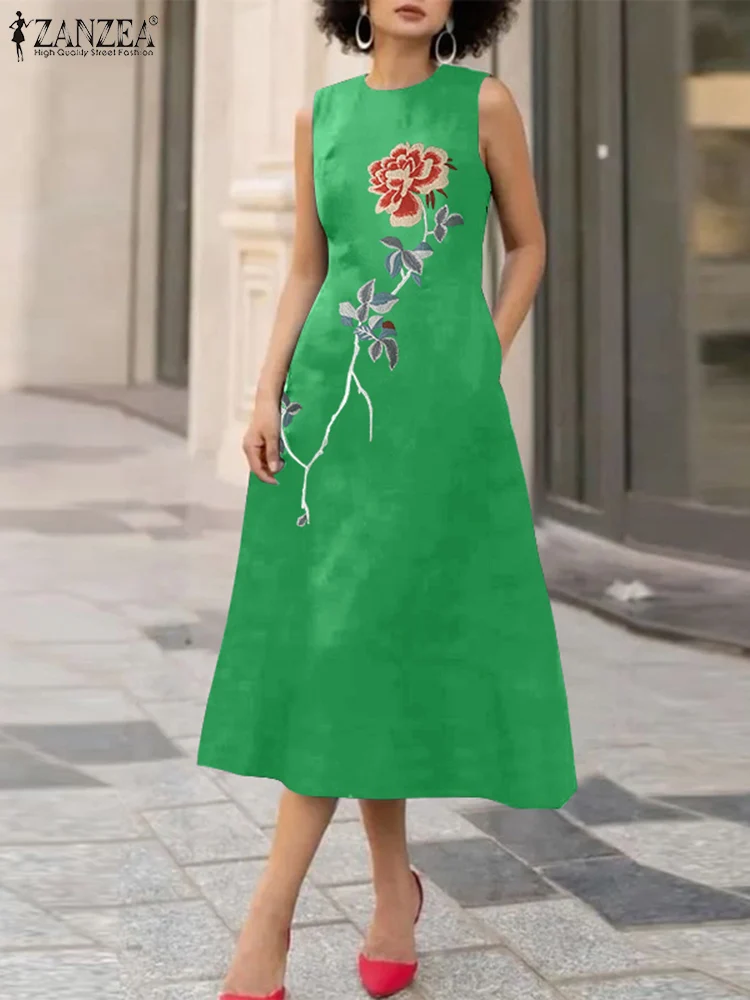 

Summer Fashion Sleeveless Floral Sundress ZANZEA 2024 Women Embroidery Vintage Party Holiday Dress Elegant Robe Mid-calf Vestido