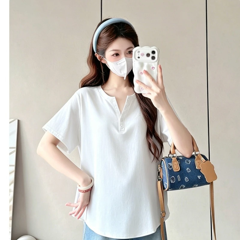 여름 출산용 면 티셔츠 솔리드 컬러 반팔 버튼 플라이 V넥 임산부 기본 셔츠 캐..