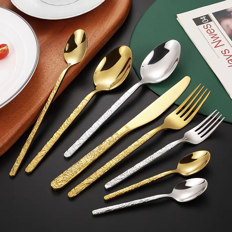 Hammered Golden Cutlery Set ,Stainless Steel Tableware Dinnerware Includes Forks Spoons Knives,Mirror Polished,Dishwasher Safe