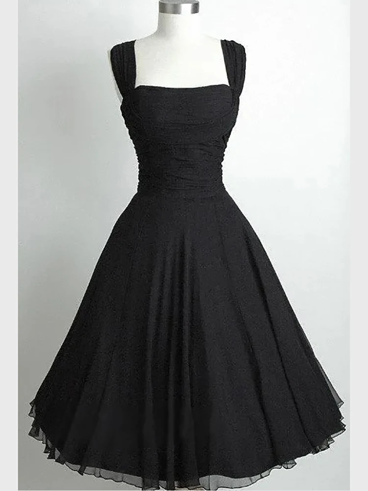 

Simple Black Chiffon Straps Pleats Sleeveless Homecoming Dresses Cocktail Prom Gown Engagement Birthday Party