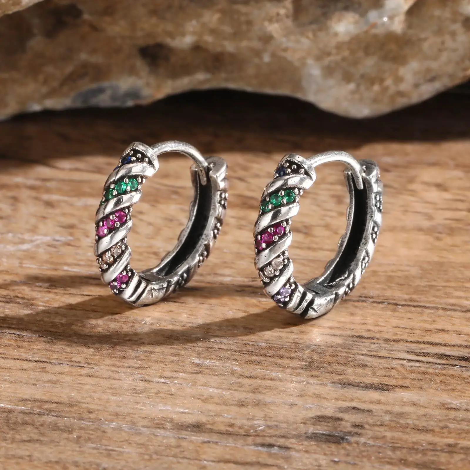 Colorful Zircon Hoop Earrings for Men Boys,Casual  Twist Metal Pierced Earrings,Punk Jewelry Gifts