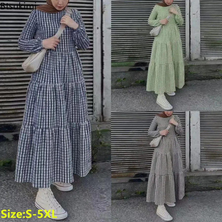 

New 2024 Women's Vintage Plaid Checked Sundress Muslim Long Sleeve Abaya Elegant Ruffles Maxi Dress Dubai Arab Kaftan Robe Femme