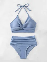 Maillot de bain sexy taille haute pour femmes, col licou, couleur unie, vêtements de plage, été, 2025 4