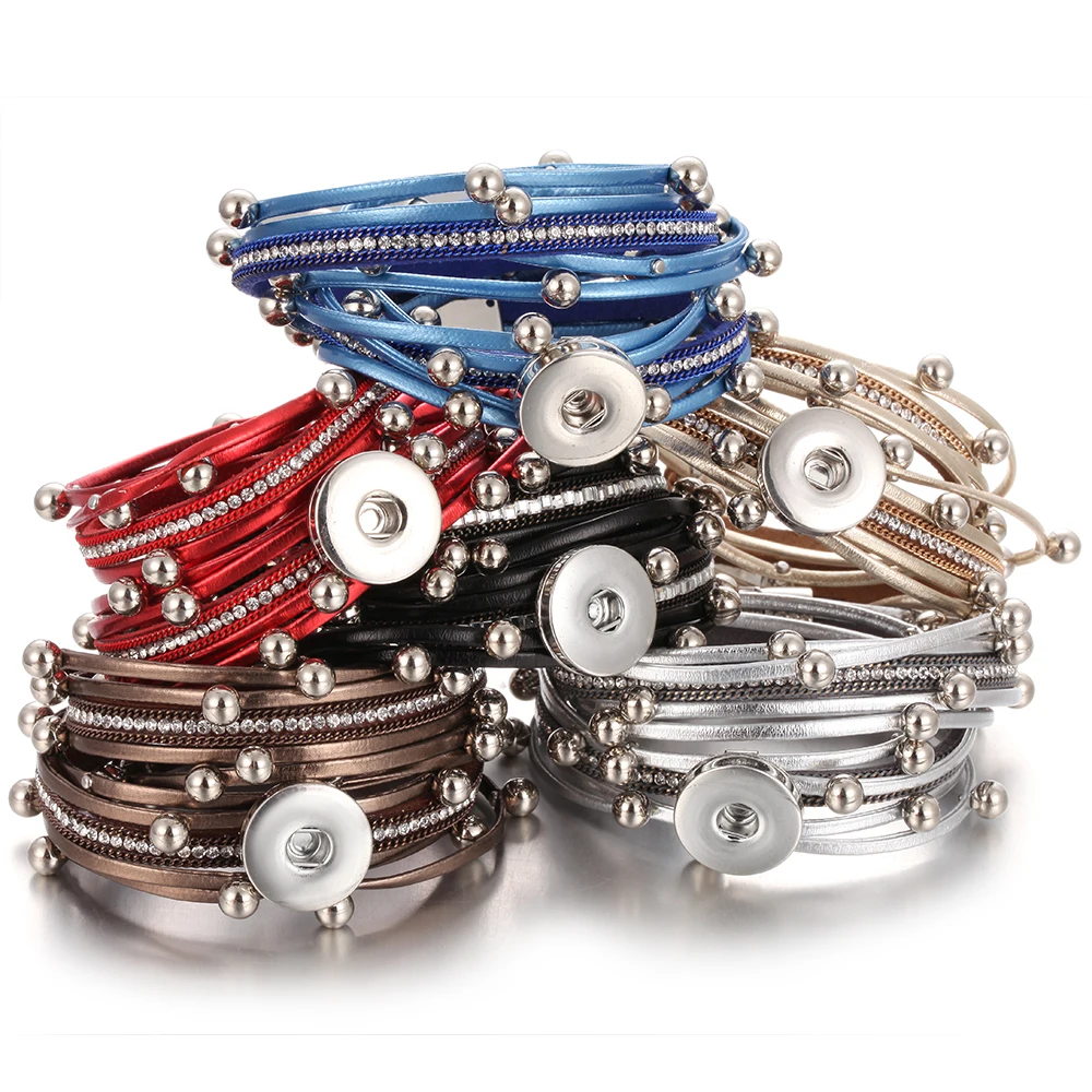 Snap Button Jewelry Bracelets Black Leather Snap Bracelet Men Women Handmade Braided Rope 18MM 20mm 18mm Snaps Button Bracelet