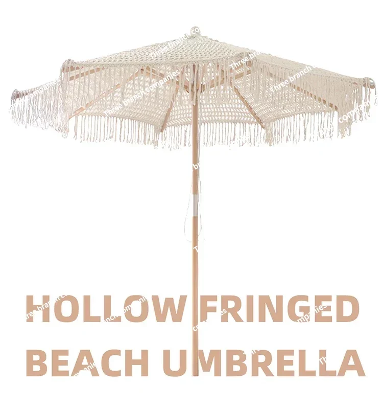 

Bohemia cotton rope macrame parasols 2.5m wooden pole handmade tassels woven canopy beach umbrella with macrame fringe
