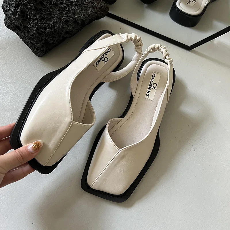 New Ladies Sandals Square Toe Elegant  Fashion Ladies Elastic Band Flat Heel Women Shallow Party Shoes Square Heel Sandal