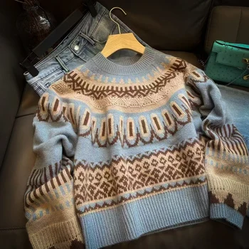 Pull en cachemire pur 100%, manteau tricoté épais haut de gamme, taille haute, rétro, automne et hiver, Nordic Fair Island