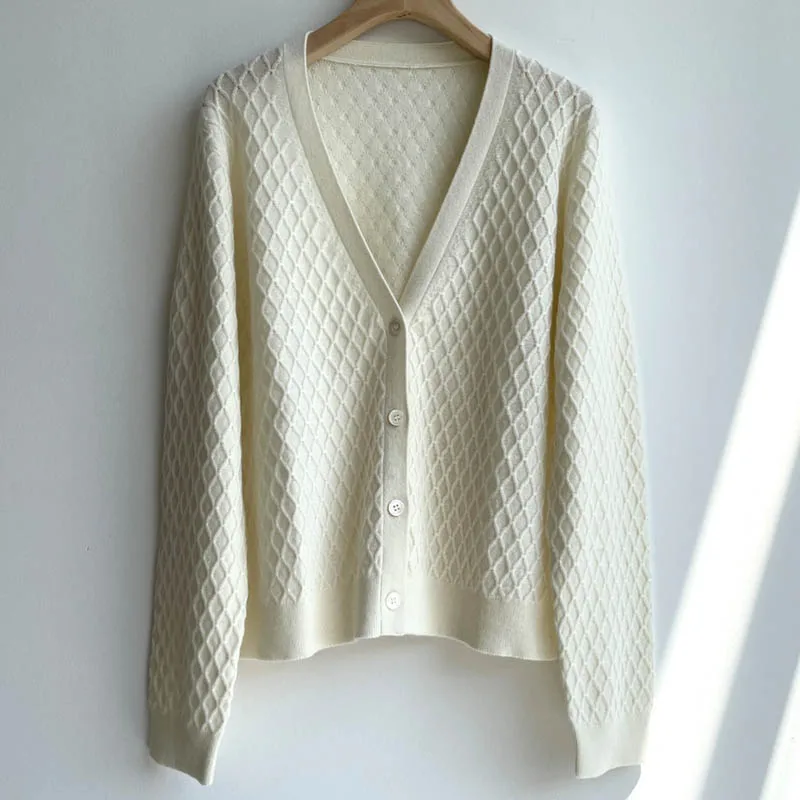 

12.28 Women Classic Argyle Plaid Fashion Solid Color V-Neck Single Breasted 100% Cashmere Knitted Cardigan