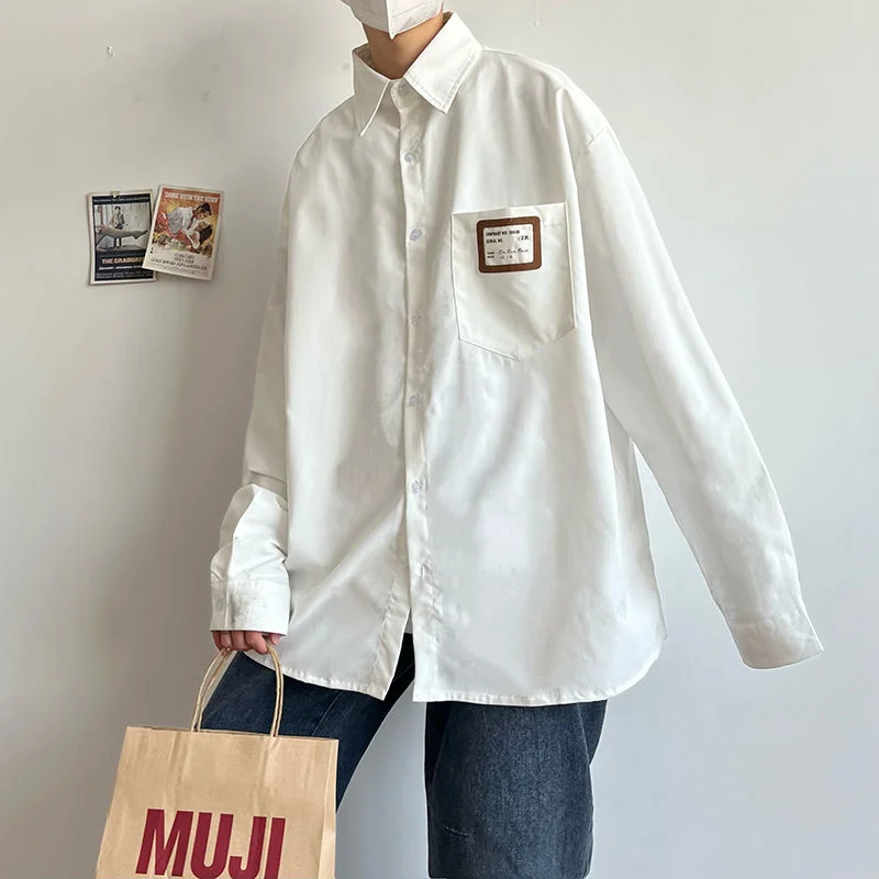 

Labeling Uniform Shirts Casual Lapel Long Sleeve Solid All-match Trend Loose Top Coat Oversize Shirt Four Seasons Men's Clothing