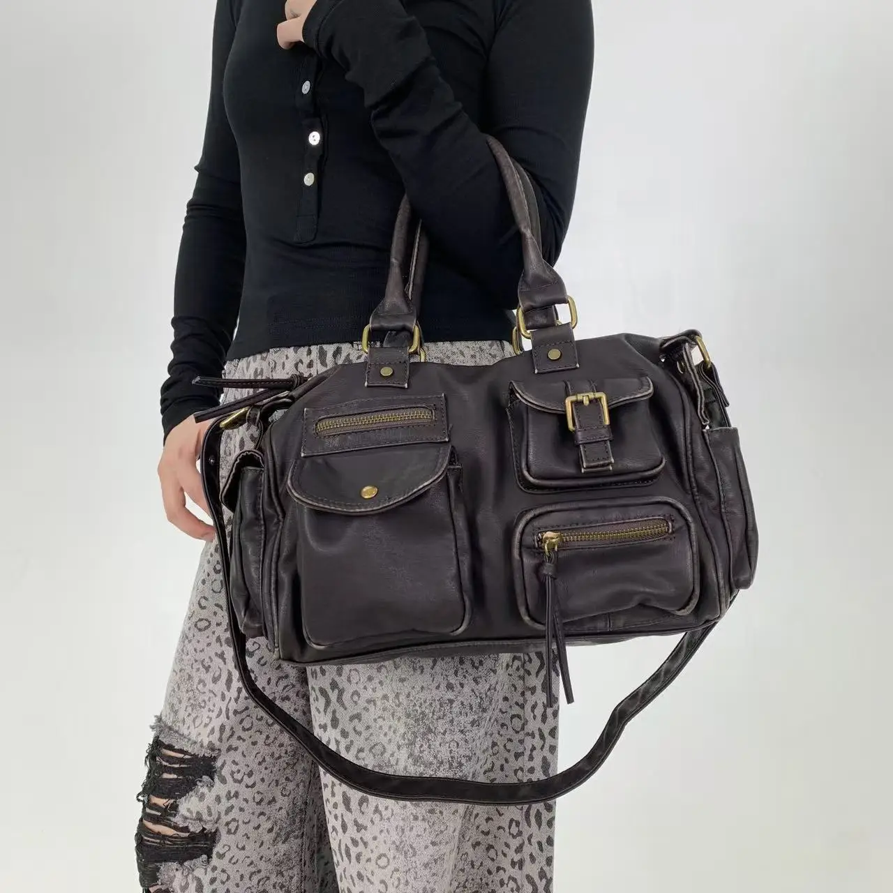 Vintage Lareg Capacity Multi-Pocket Tote Bag Designer Women Handbags Luxury Soft Pu Leather Shoulder Crossbody Bags Punk Bag2025