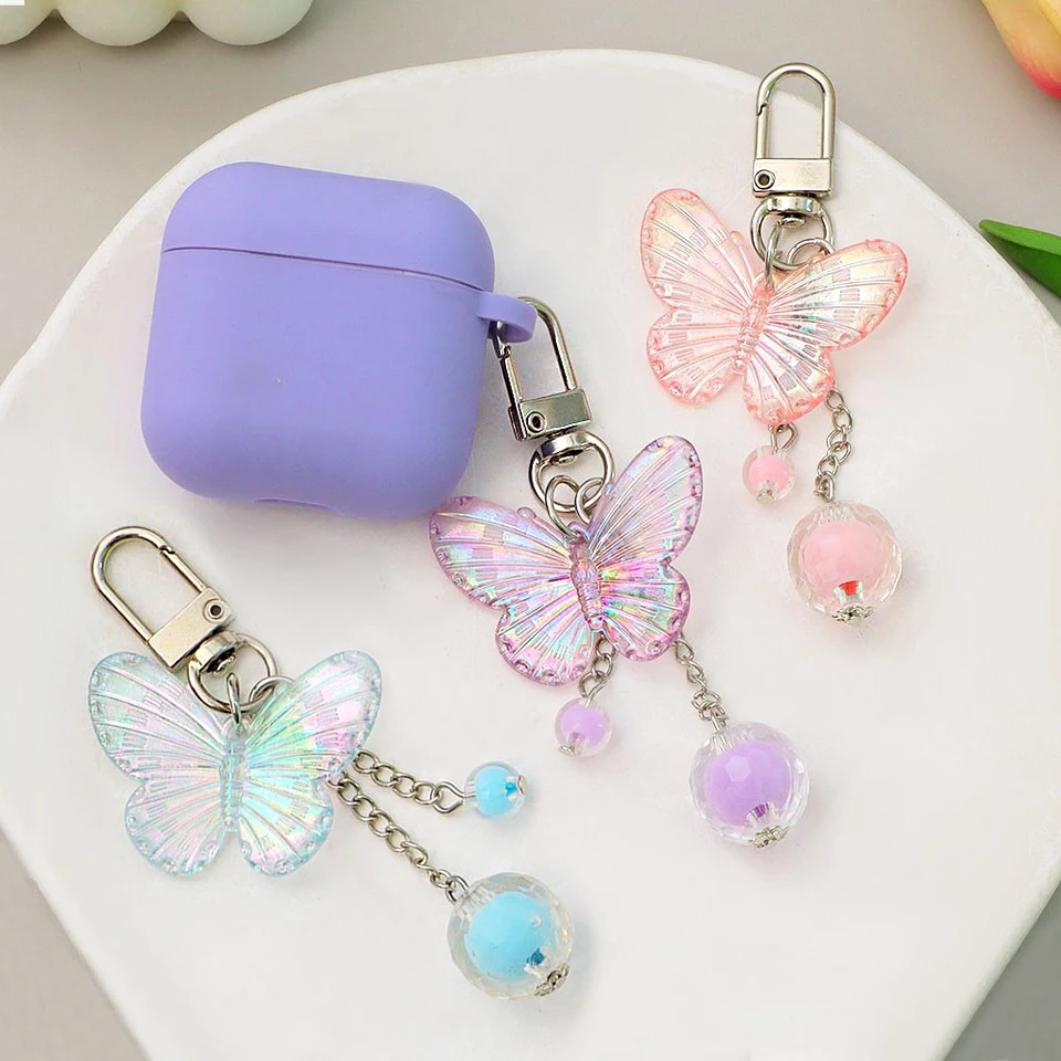 Portachiavi Con Ciondolo Fiore E Farfalla In Metallo Smaltato E Perle – Regalo Simpatico Per Donne – Giallo E Viola