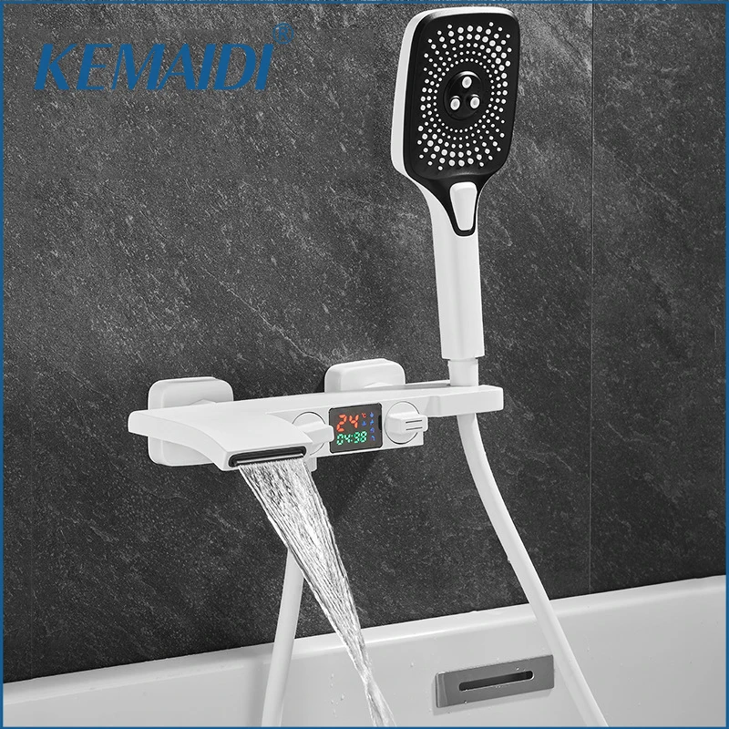 KEMAIDI Digital Display Shower Faucet set Wall Mounted Bathtub Shower Systerm with Waterfall Spout Mixer Handheld Sprayer