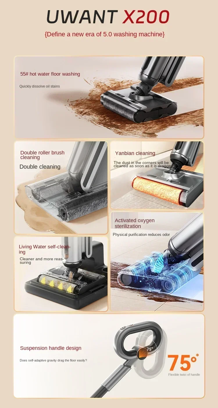 UWANT X200 Double Roller Brush Hot Water Floor Washer Welt Washing Drag Suction Drying Household Appliances  Electric Mop 6
