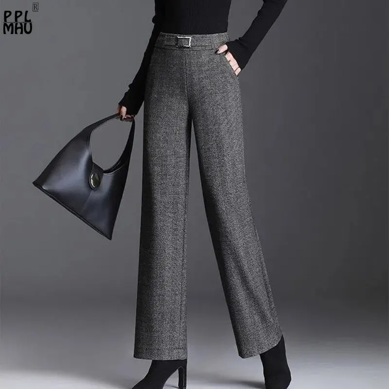 

Women Fall Office Work Elastic Waist Woolen Trousers Mom Pinstripes Vintage Baggy Pantalones Elegant Blend Wool Wide Leg Pants