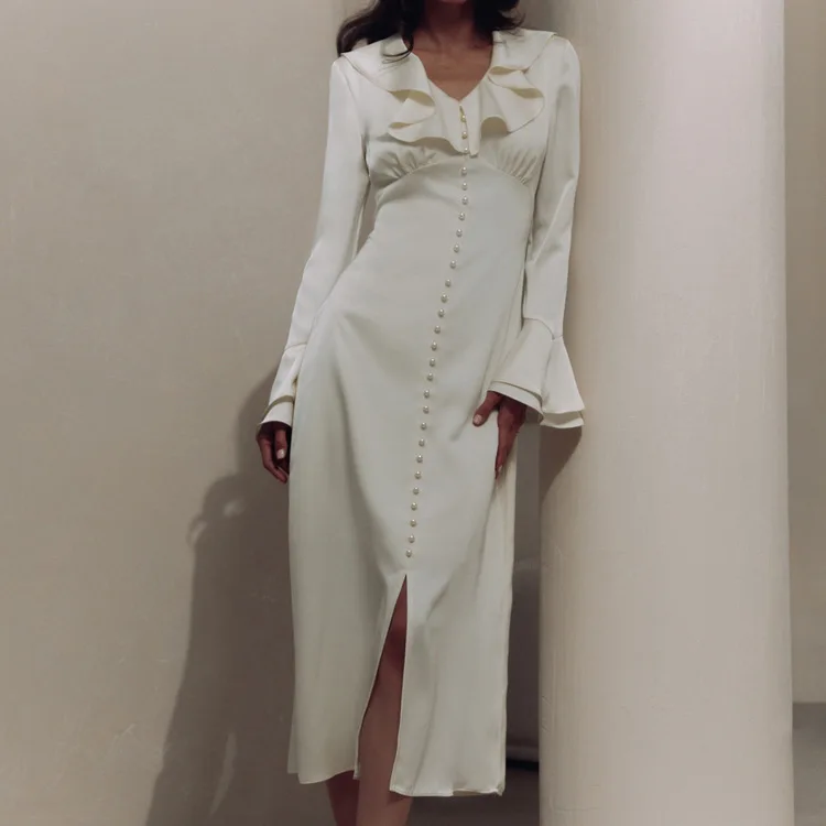 Ruffled Elegant For Women Long Dress Fashion V-Neck Patchwork Long Sleeve Slim Party Dress Gown White Spring Maxi Dress