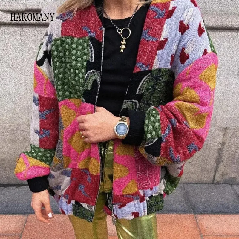 

2023 Women Rib V neck Front Zipper Full Sleeve Pilot Coat Bomber Loose Outerwear Autumn Retro Contrast Color Flower Print Jacket