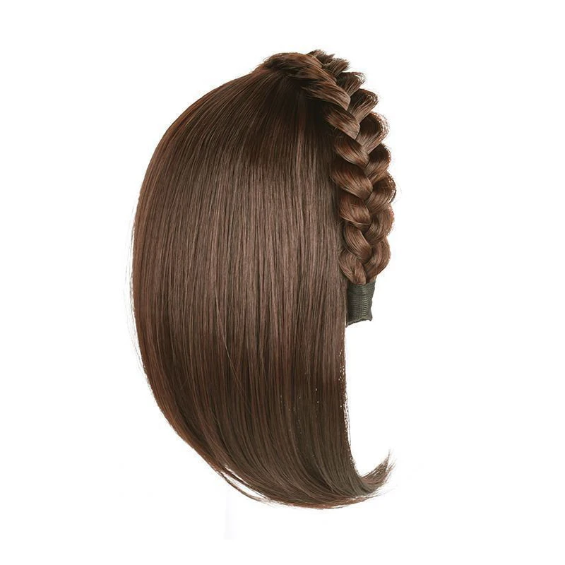 Short Headband Wig with Fishbone Design and Integrated Hair Patch