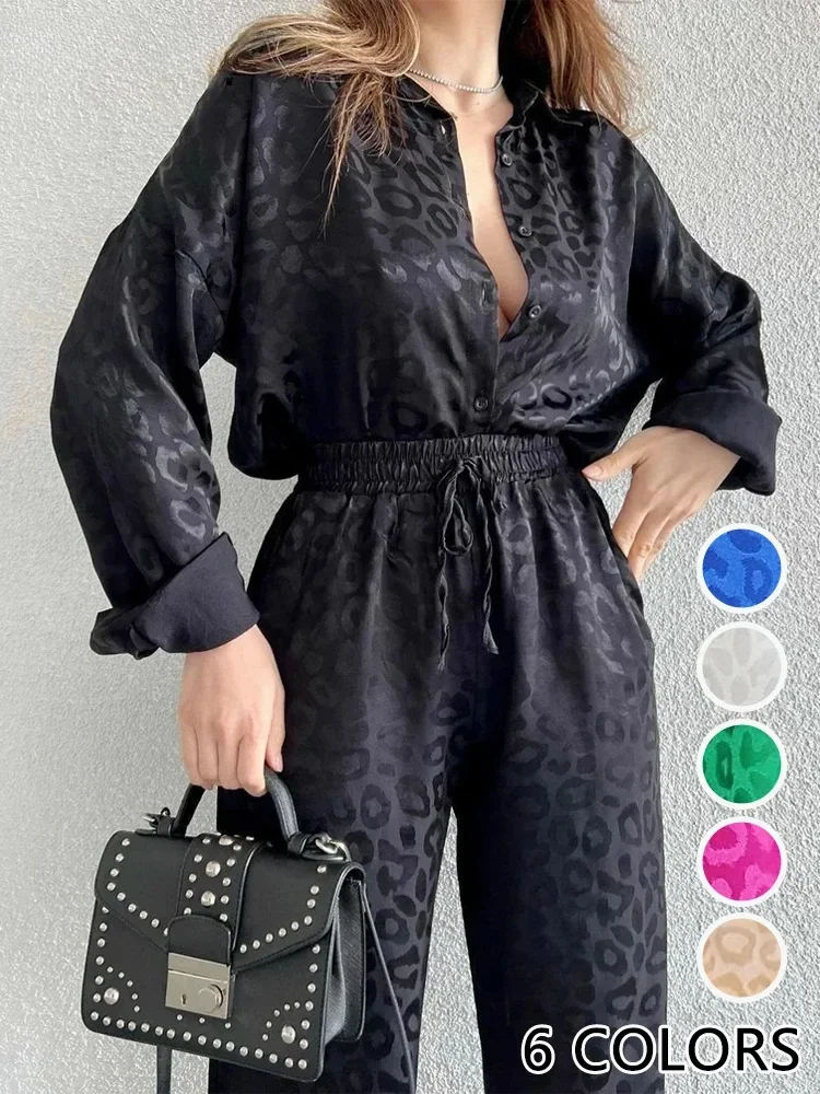 White Satin Wide Leg Trousers Suit for Women 2024 Spring Office Leopard Print Two-piece Set Home Tracksuit Women's Pajamas Sets