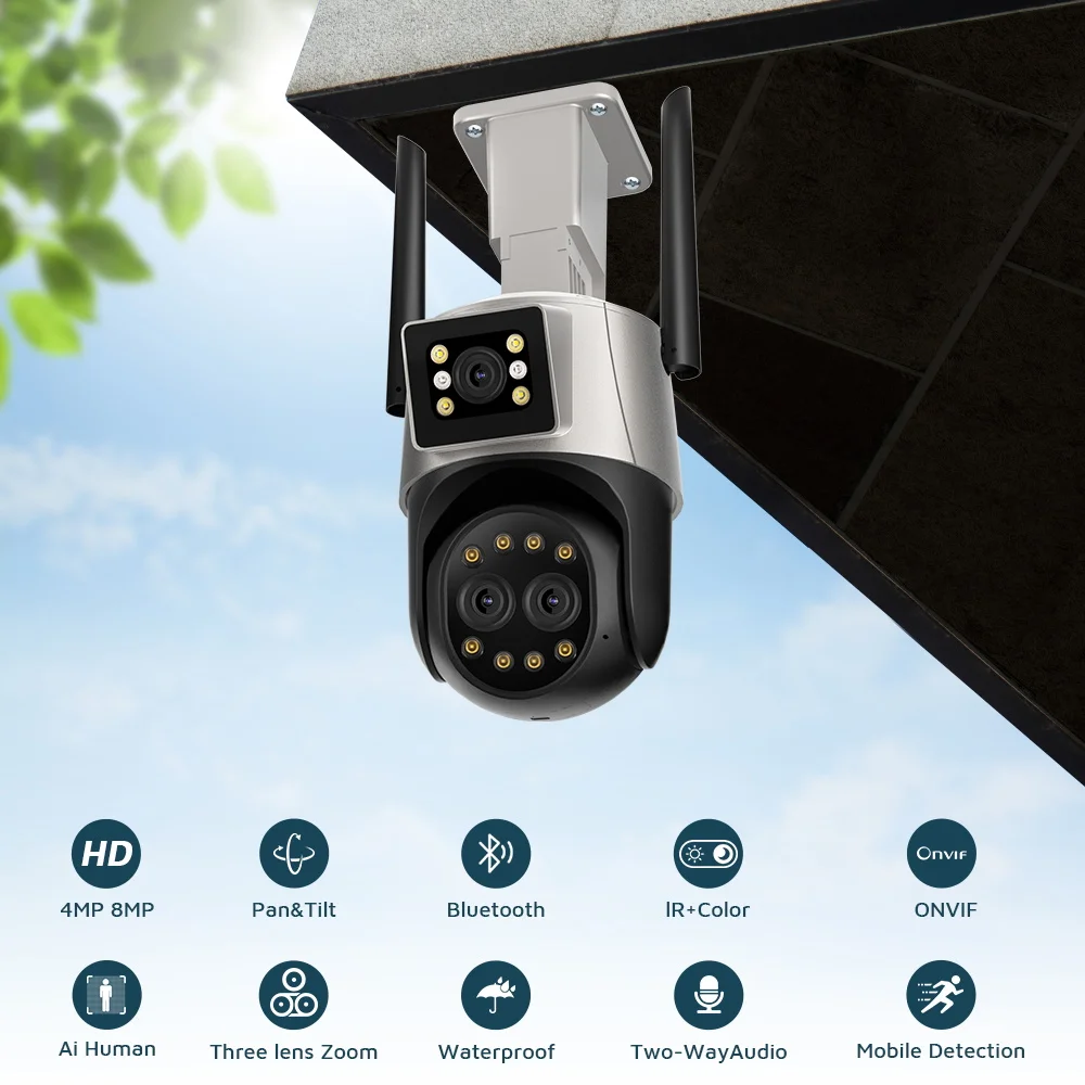 IP Camera 6K 12MP HD WiFi Outdoor Camera 8x Zoom Three Lens Dual Screen Smart Home Security PTZ Camera Video Surveillance iCSee 2